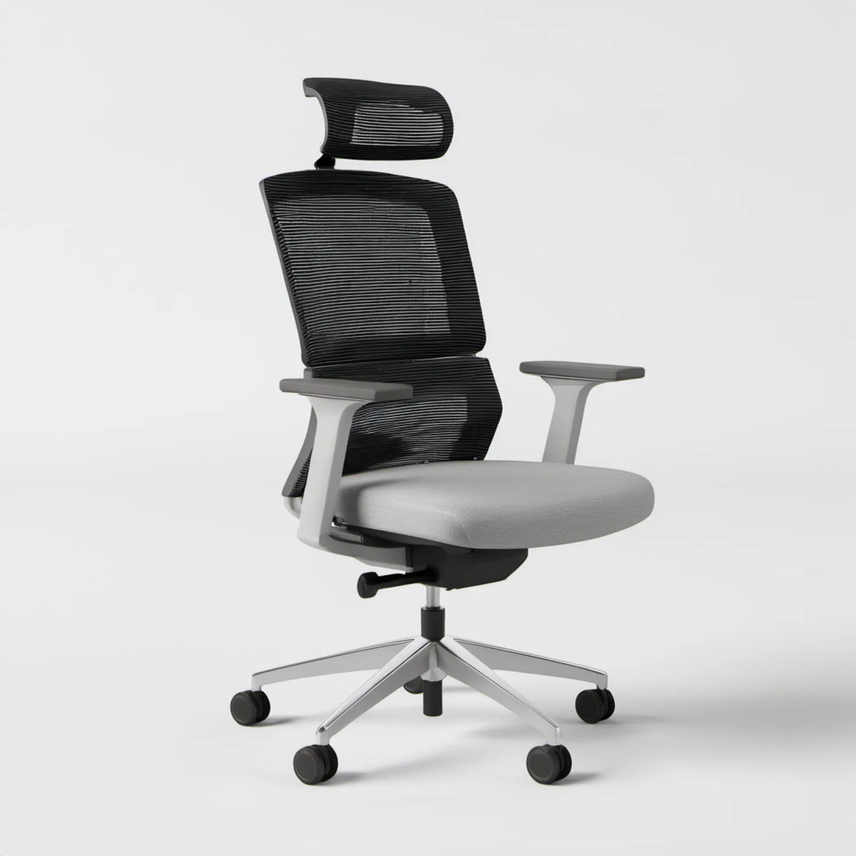 Ergonomiczny obrotowy fotel z siatkowym oparciem i zagłówkiem, czarno-szaro-srebrny, 64 x 64 x 118–128 cm