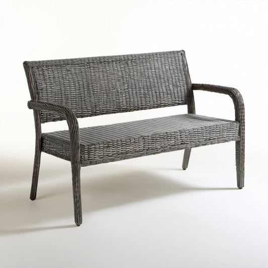 Szara dwuosobowa ławka ogrodowa z technorattanu PE 120 x 65 x 85 cm